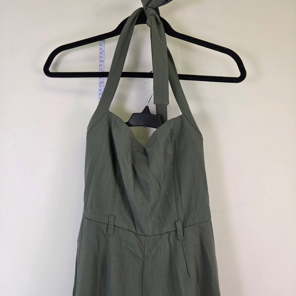 Olive Green Halter Neck Tapered Leg Jumpsuit with Back Zip and Belt Loops - Picture 8 of 9